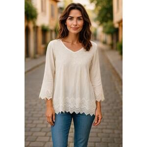 James Bryan Top Womens Medium Beige Embroidered Long Sleeve Boho Artsy Tunic